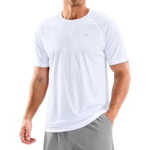 Men’s Swim Shirts Rash Guard UPF 50+ Sun Protection Short Sleeve T-Shirts Workout Dry Fit Tee for Pool, Beach, Trip(White)