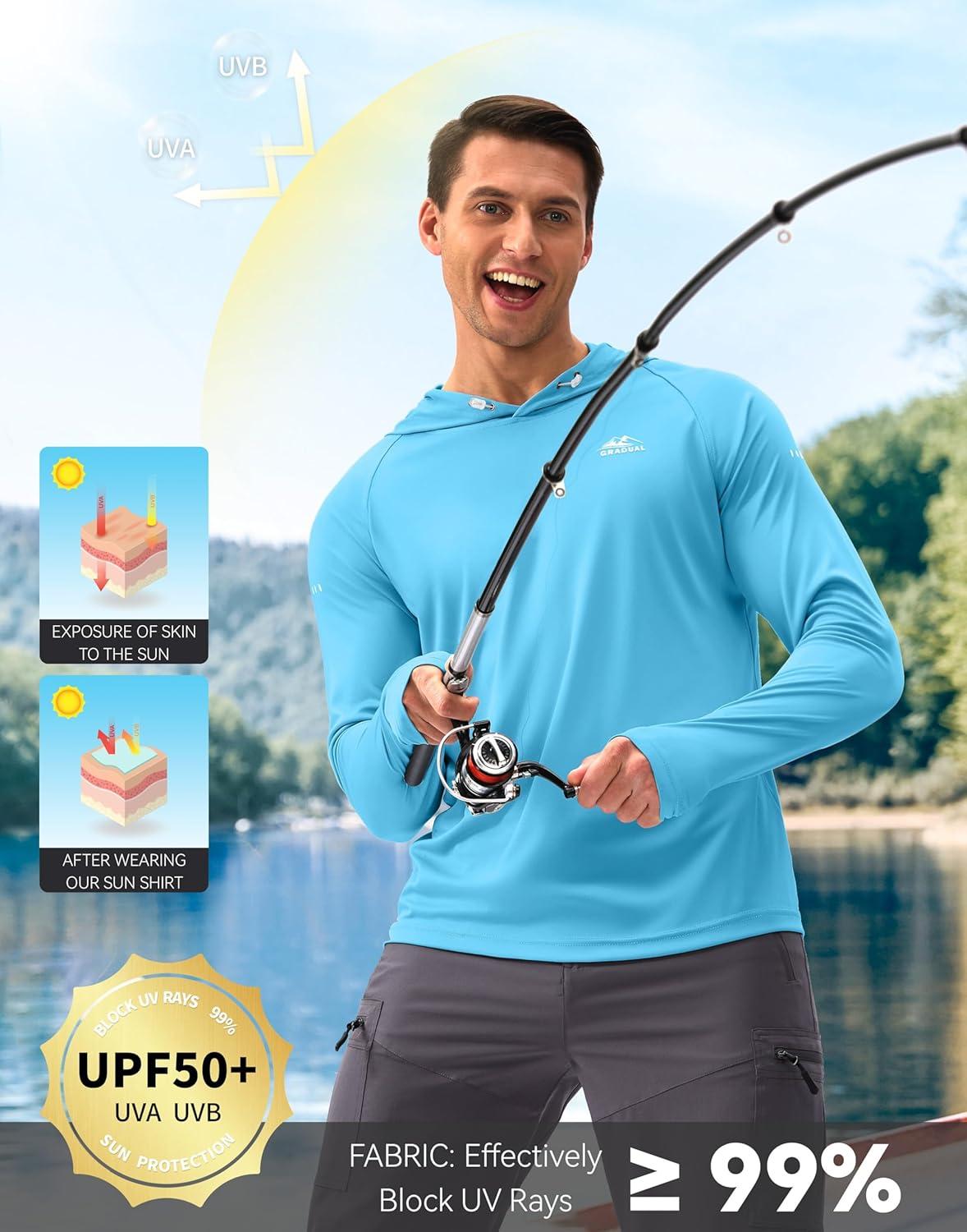imageMens Sun Protection Hoodie Shirt UPF 50 Long Sleeve Fishing Rash Guard UV SPF Summer Lightweight Hiking Shirt for MenBlue