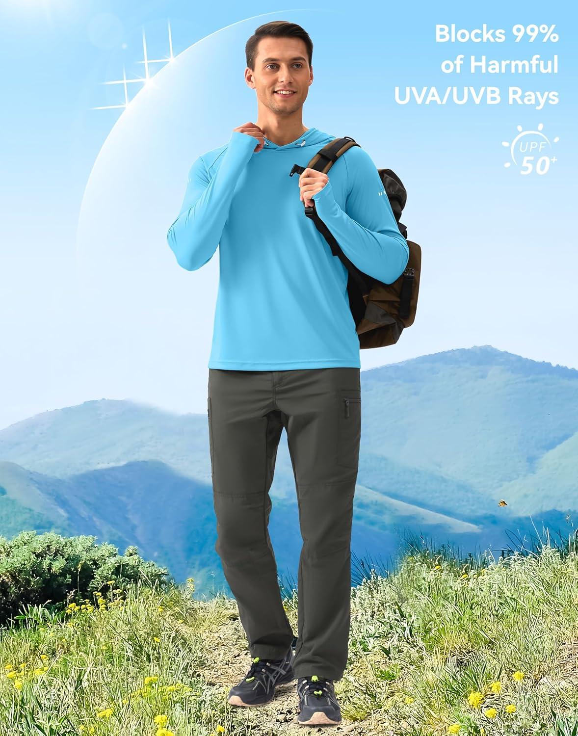 imageMens Sun Protection Hoodie Shirt UPF 50 Long Sleeve Fishing Rash Guard UV SPF Summer Lightweight Hiking Shirt for MenBlue
