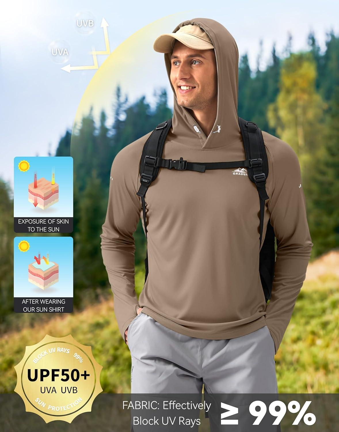 imageMens Sun Protection Hoodie Shirt UPF 50 Long Sleeve Fishing Rash Guard UV SPF Summer Lightweight Hiking Shirt for MenKhaki