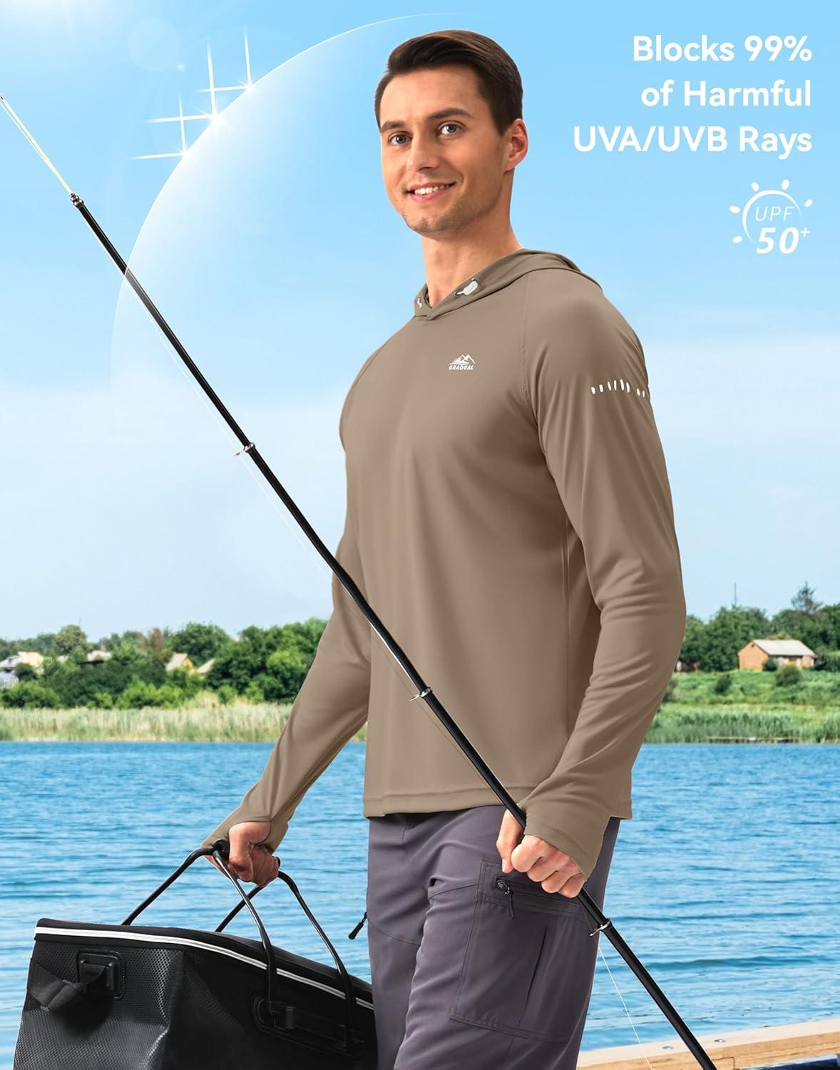 imageMens Sun Protection Hoodie Shirt UPF 50 Long Sleeve Fishing Rash Guard UV SPF Summer Lightweight Hiking Shirt for MenKhaki
