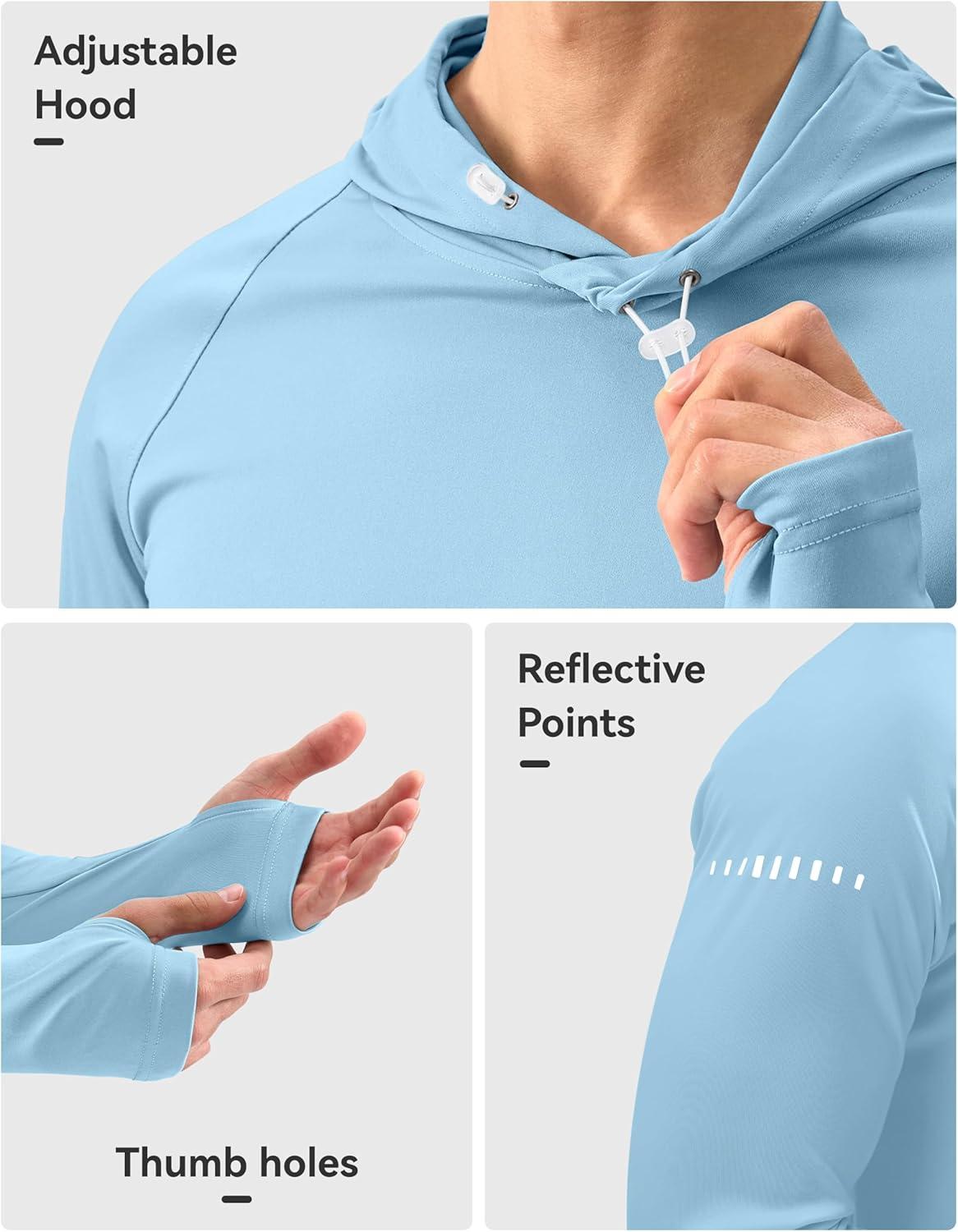 imageMens Sun Protection Hoodie Shirt UPF 50 Long Sleeve Fishing Rash Guard UV SPF Summer Lightweight Hiking Shirt for MenLight Blue