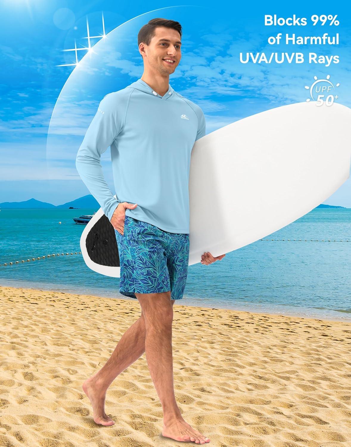 imageMens Sun Protection Hoodie Shirt UPF 50 Long Sleeve Fishing Rash Guard UV SPF Summer Lightweight Hiking Shirt for MenLight Blue