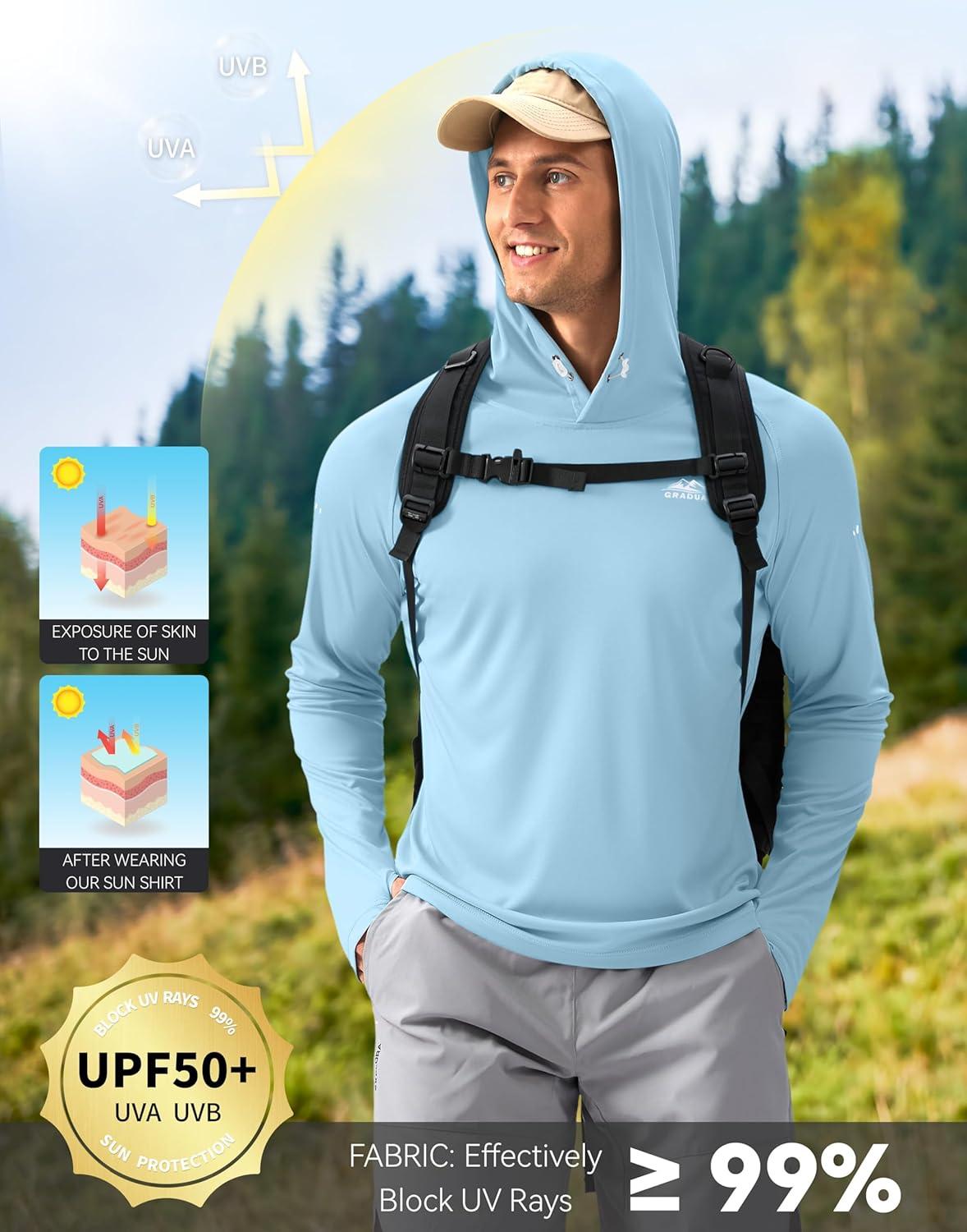 imageMens Sun Protection Hoodie Shirt UPF 50 Long Sleeve Fishing Rash Guard UV SPF Summer Lightweight Hiking Shirt for MenLight Blue