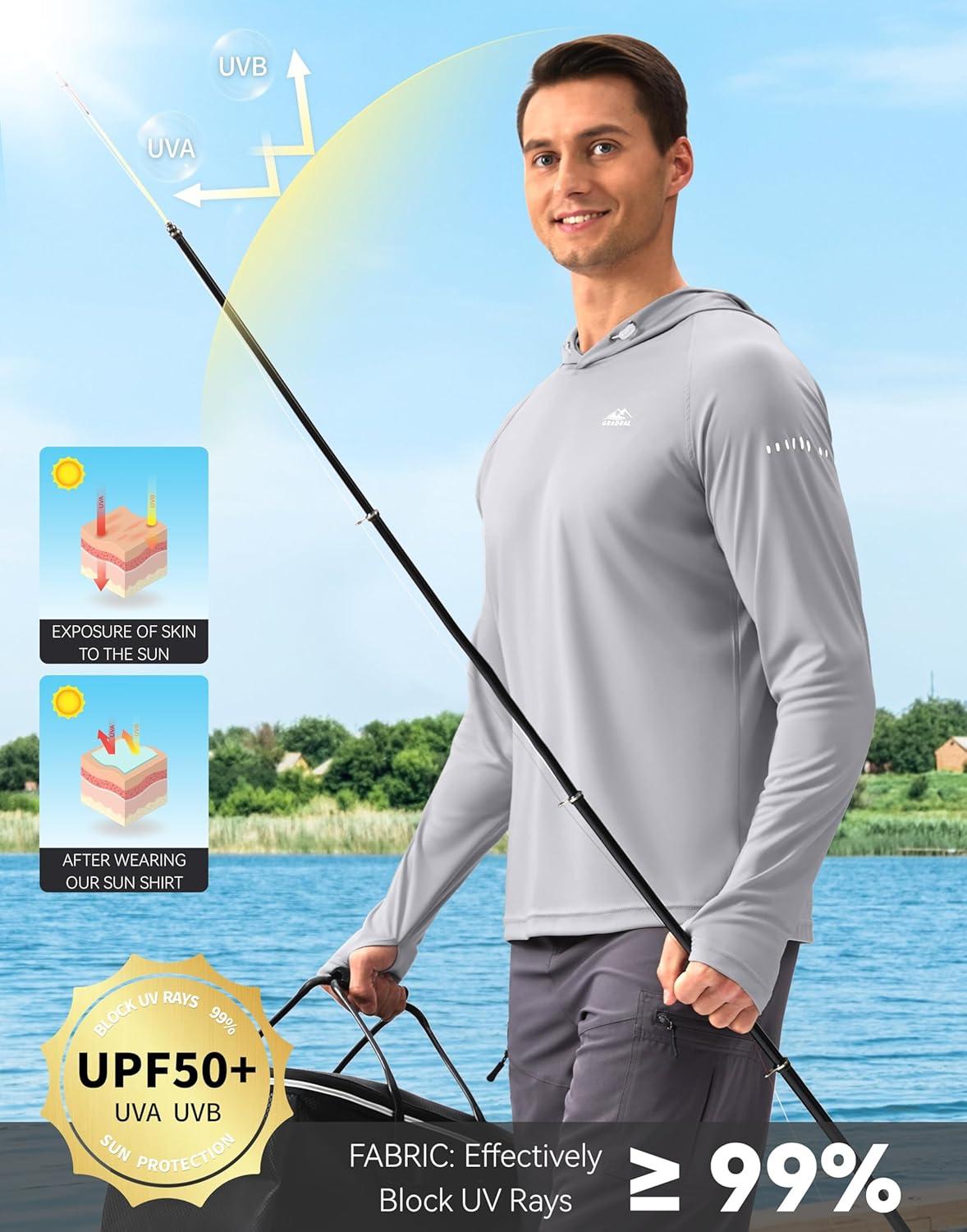 imageMens Sun Protection Hoodie Shirt UPF 50 Long Sleeve Fishing Rash Guard UV SPF Summer Lightweight Hiking Shirt for MenLight Grey