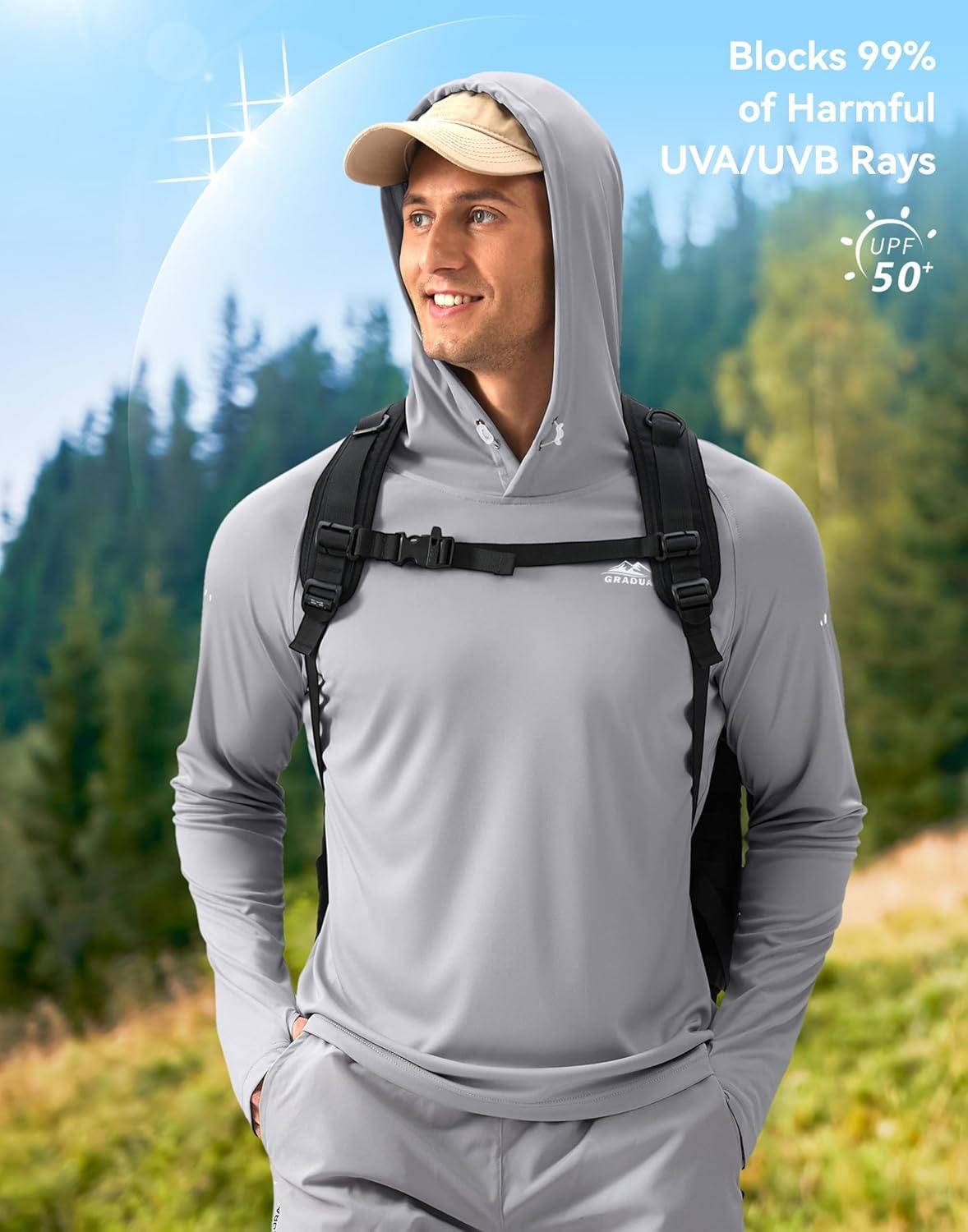 imageMens Sun Protection Hoodie Shirt UPF 50 Long Sleeve Fishing Rash Guard UV SPF Summer Lightweight Hiking Shirt for MenLight Grey
