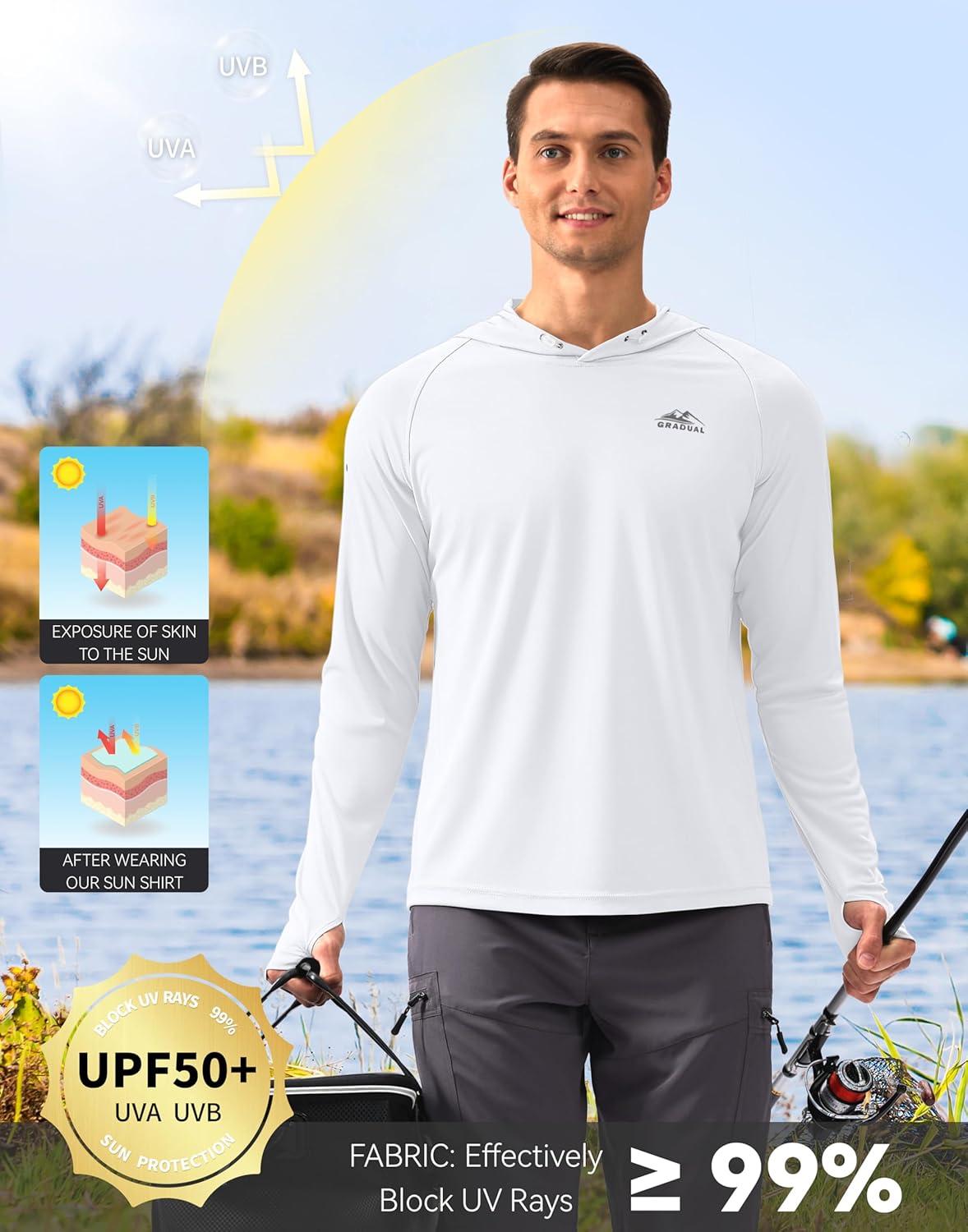 imageMens Sun Protection Hoodie Shirt UPF 50 Long Sleeve Fishing Rash Guard UV SPF Summer Lightweight Hiking Shirt for MenWhite