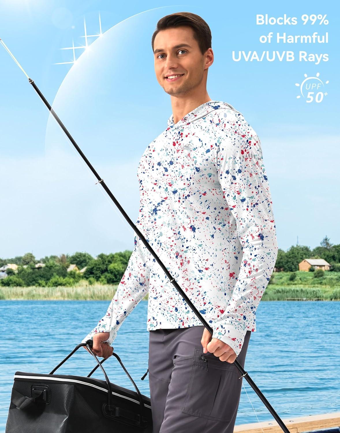 imageMens Sun Protection Hoodie Shirt UPF 50 Long Sleeve Fishing Rash Guard UV SPF Summer Lightweight Hiking Shirt for MenWhite Colored Dots