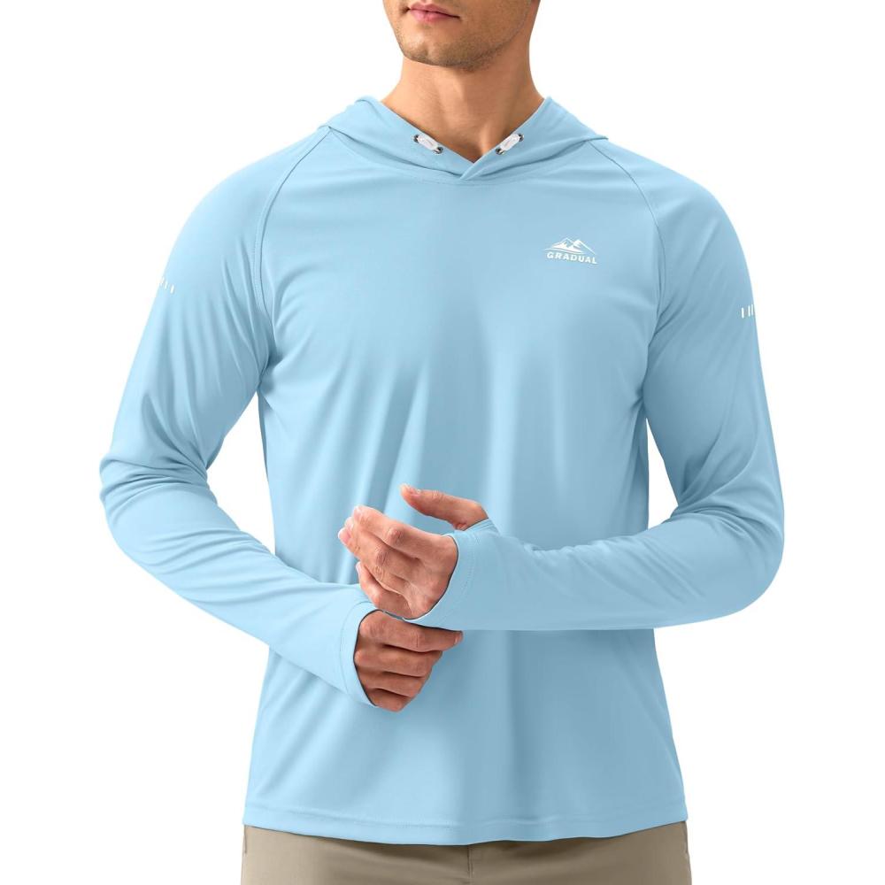 imageMens Sun Protection Hoodie Shirt UPF 50 Long Sleeve Fishing Rash Guard UV SPF Summer Lightweight Hiking Shirt for MenLight Blue