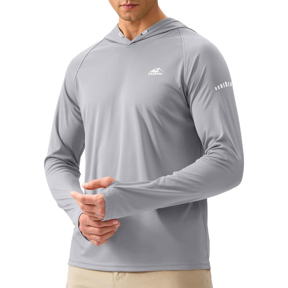 imageMens Sun Protection Hoodie Shirt UPF 50 Long Sleeve Fishing Rash Guard UV SPF Summer Lightweight Hiking Shirt for MenLight Grey