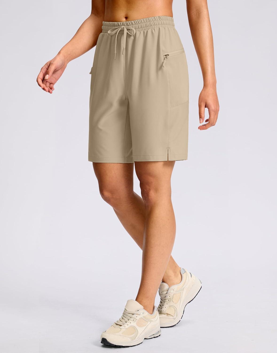 imageG Gradual Womens Hiking Shorts 2 Zipper Pockets Quick Dry Lightweight 9 Bermuda Cargo Shorts Water Resistant Athletic WalkLight Khaki Green