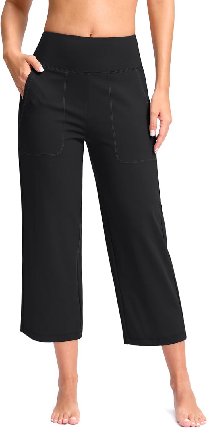 imageG Gradual Womens Capri Pants with Pockets High Waist Yoga Pants Wide Leg Workout Summer Pants for Casual Travel ExerciseBlack