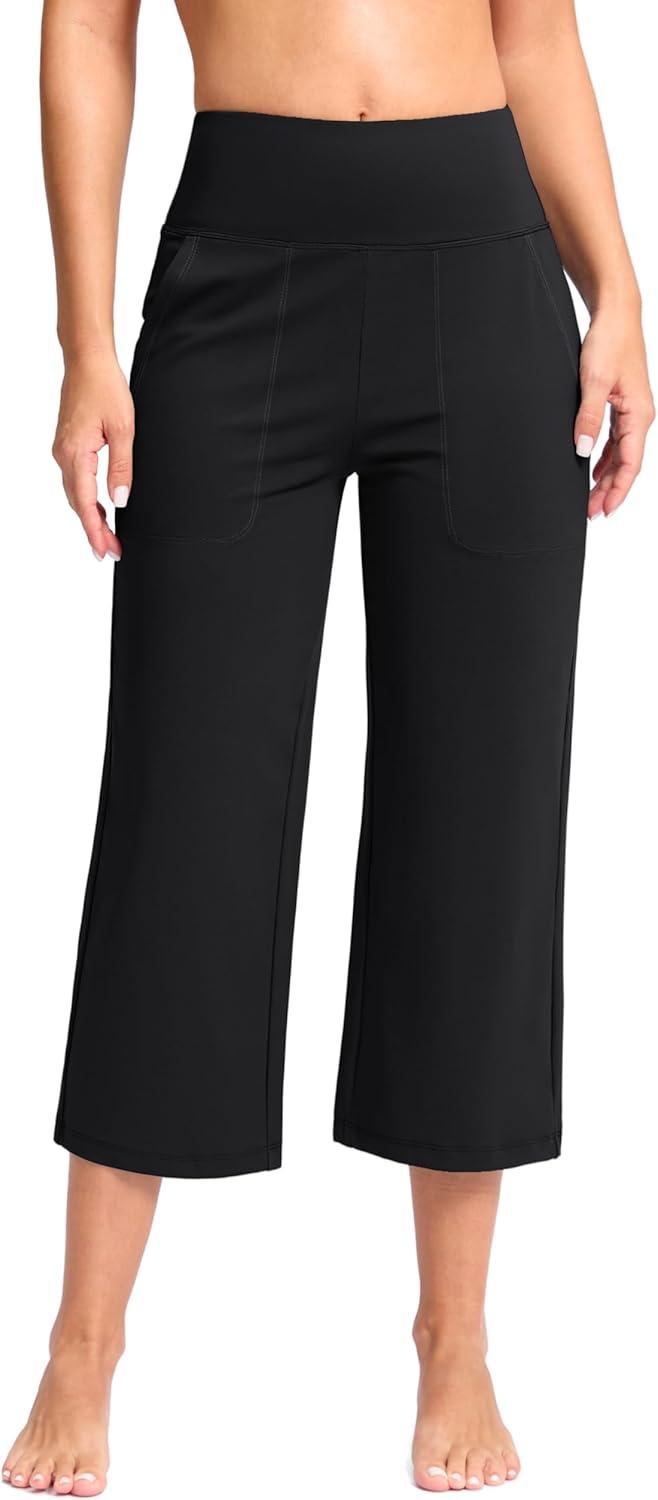 imageG Gradual Womens Capri Pants with Pockets High Waist Yoga Pants Wide Leg Workout Summer Pants for Casual Travel ExerciseBlack