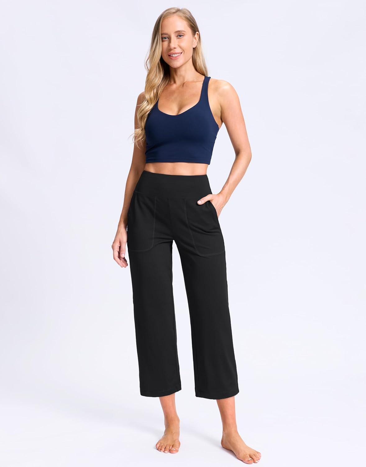 imageG Gradual Womens Capri Pants with Pockets High Waist Yoga Pants Wide Leg Workout Summer Pants for Casual Travel ExerciseBlack
