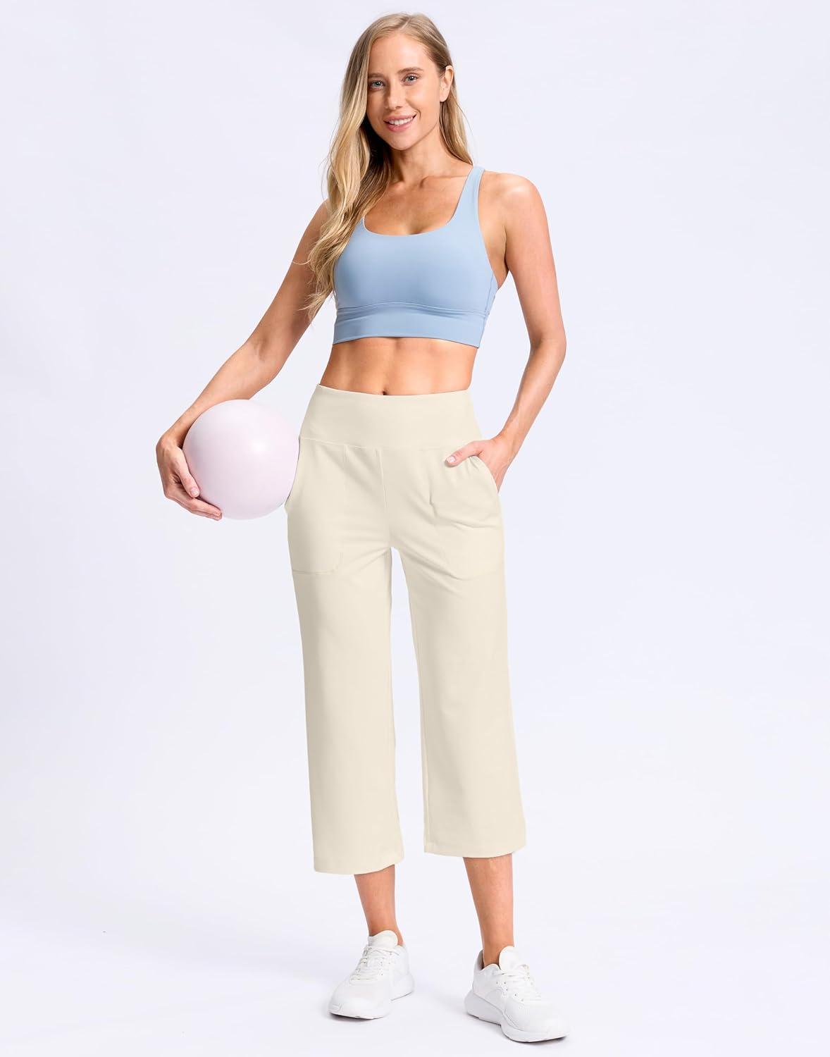 imageG Gradual Womens Capri Pants with Pockets High Waist Yoga Pants Wide Leg Workout Summer Pants for Casual Travel ExerciseCreamy