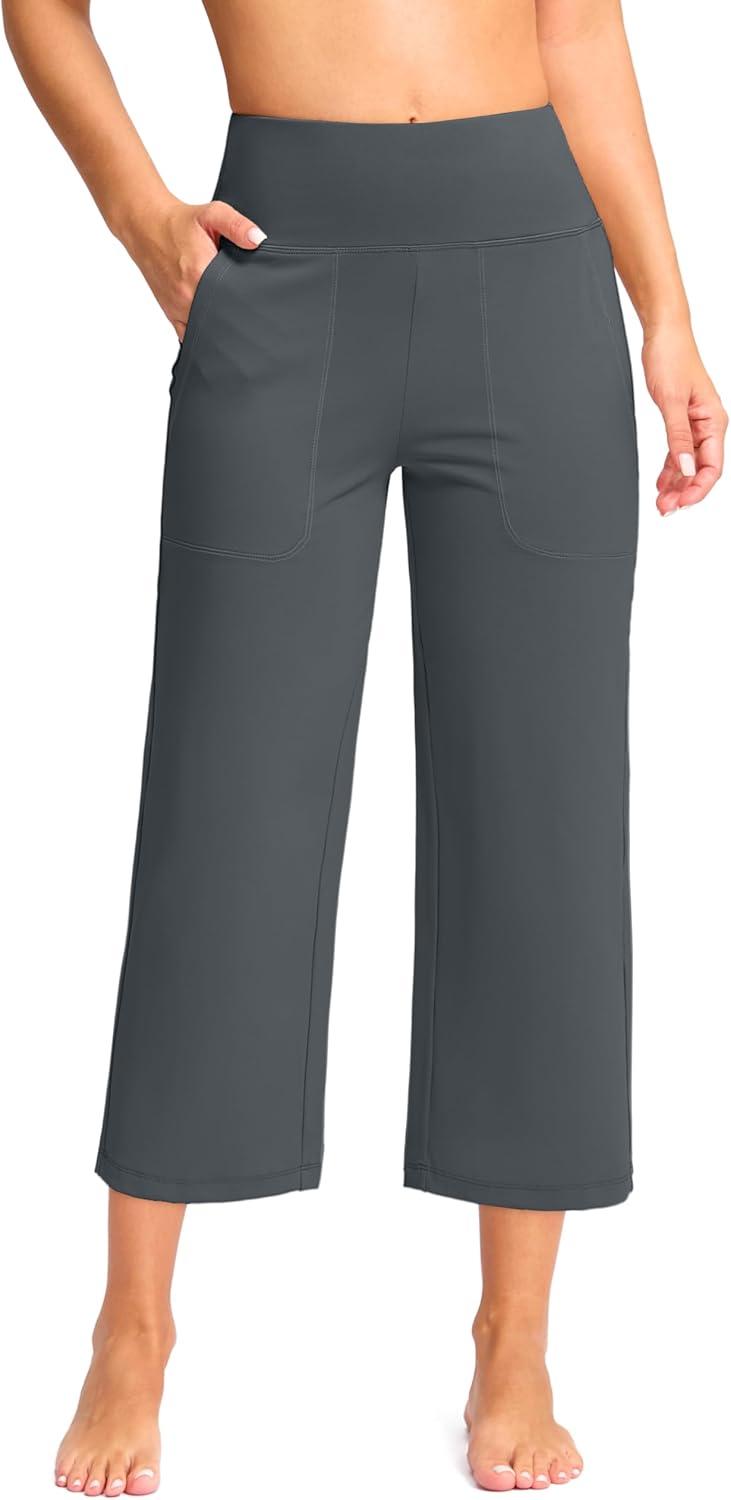 imageG Gradual Womens Capri Pants with Pockets High Waist Yoga Pants Wide Leg Workout Summer Pants for Casual Travel ExerciseDark Grey