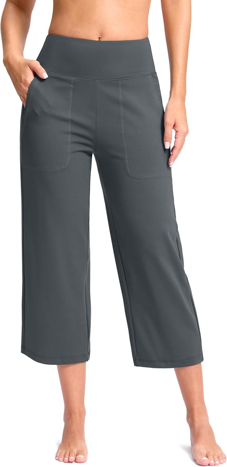 imageG Gradual Womens Capri Pants with Pockets High Waist Yoga Pants Wide Leg Workout Summer Pants for Casual Travel ExerciseDark Grey
