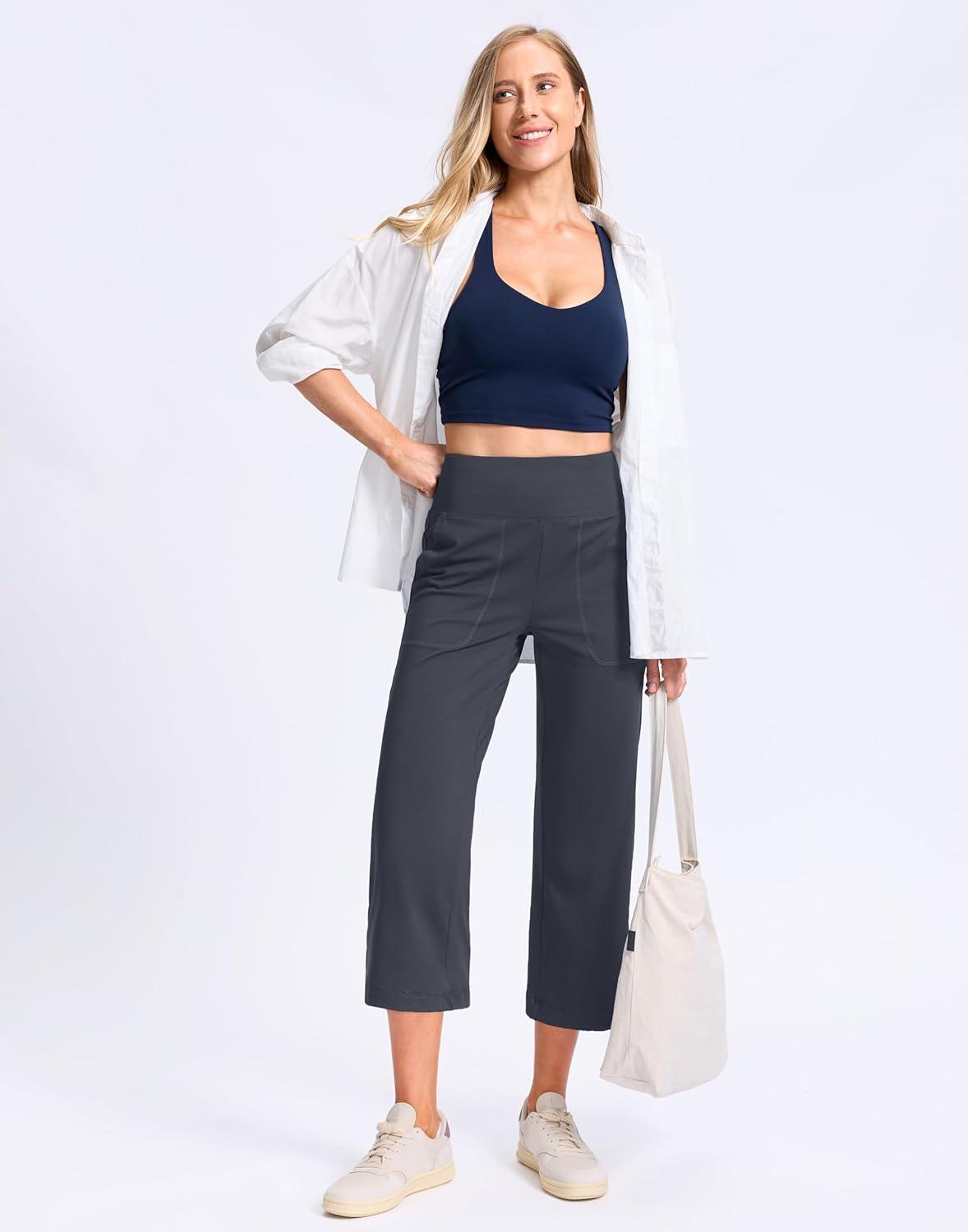 imageG Gradual Womens Capri Pants with Pockets High Waist Yoga Pants Wide Leg Workout Summer Pants for Casual Travel ExerciseGrey Blue