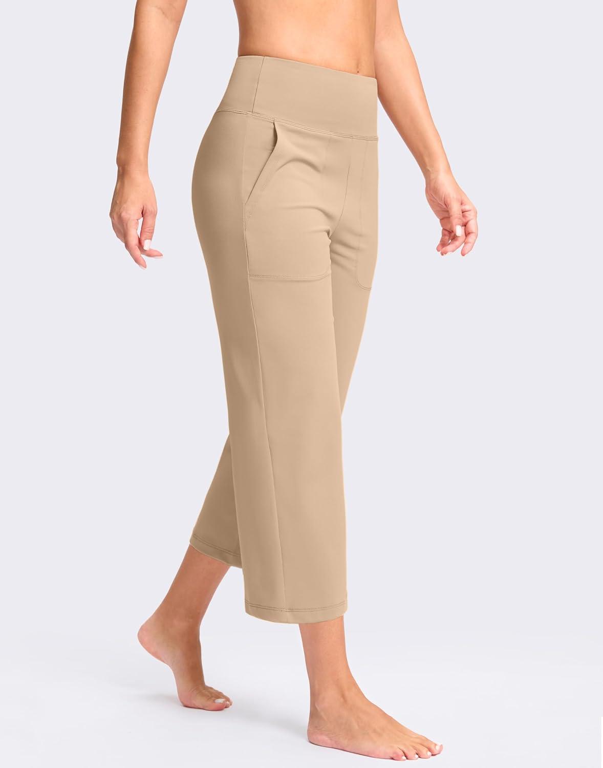 imageG Gradual Womens Capri Pants with Pockets High Waist Yoga Pants Wide Leg Workout Summer Pants for Casual Travel ExerciseKhaki