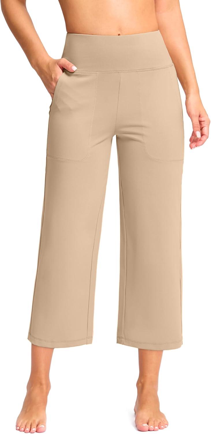 imageG Gradual Womens Capri Pants with Pockets High Waist Yoga Pants Wide Leg Workout Summer Pants for Casual Travel ExerciseKhaki