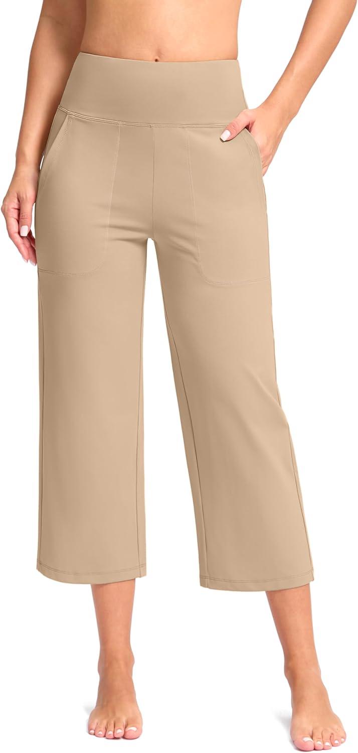 imageG Gradual Womens Capri Pants with Pockets High Waist Yoga Pants Wide Leg Workout Summer Pants for Casual Travel ExerciseKhaki