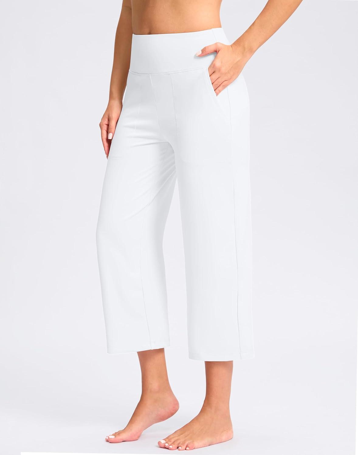 imageG Gradual Womens Capri Pants with Pockets High Waist Yoga Pants Wide Leg Workout Summer Pants for Casual Travel ExerciseWhite