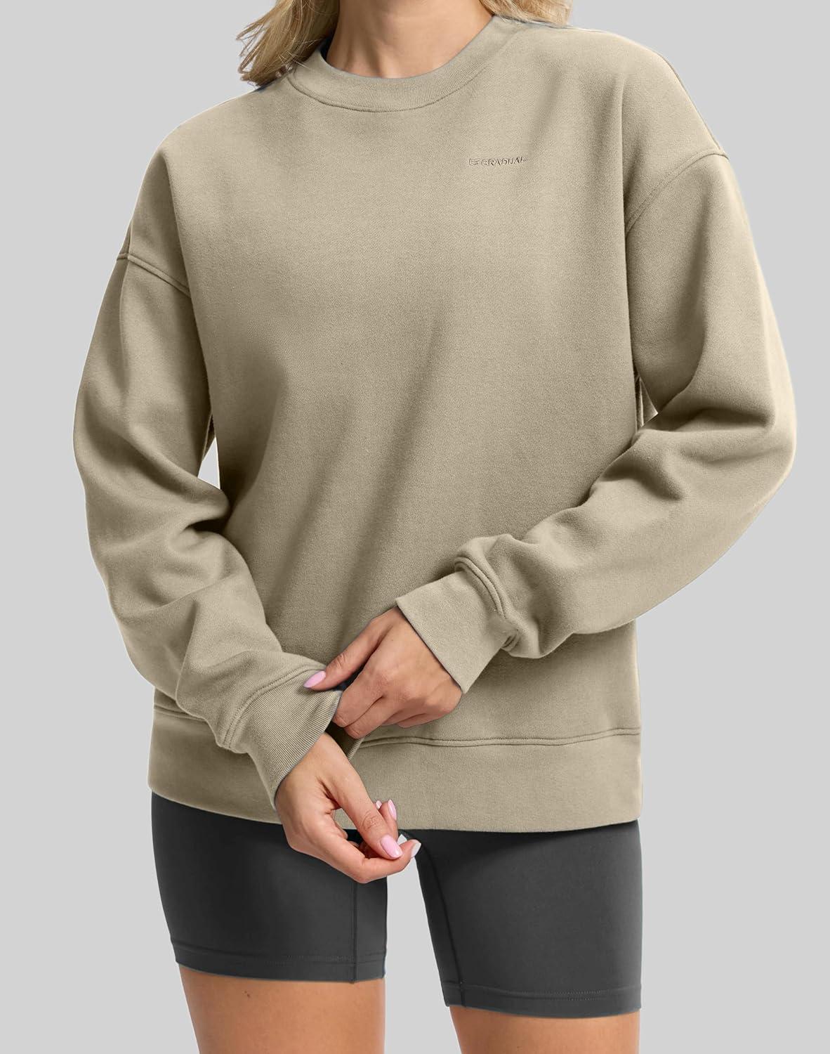 imageG Gradual Womens Crewneck Sweatshirts Oversized Cottonblend Fleece Pullover Sweatshirt for Women Loose FitLight Khaki