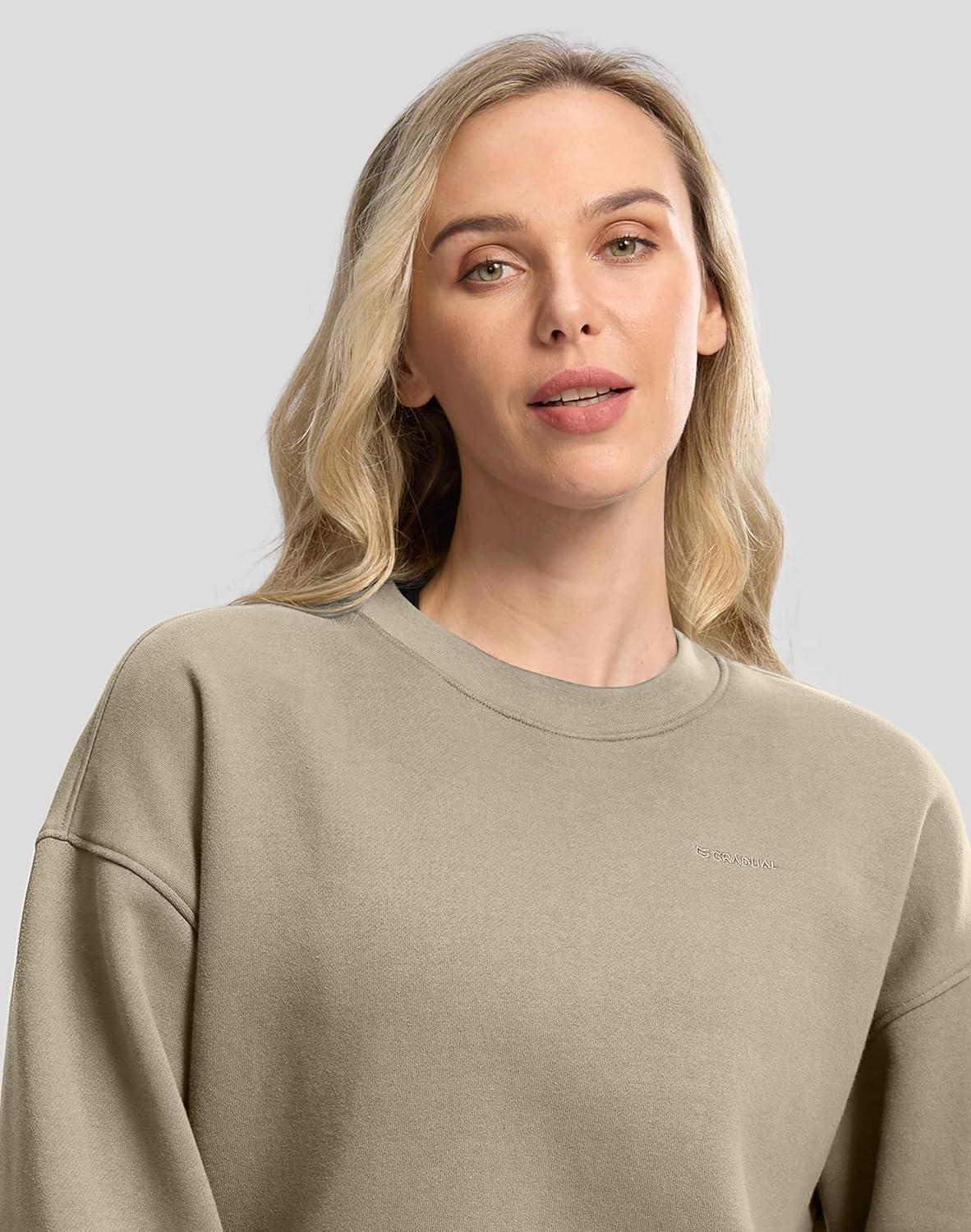 imageG Gradual Womens Crewneck Sweatshirts Oversized Cottonblend Fleece Pullover Sweatshirt for Women Loose FitLight Khaki