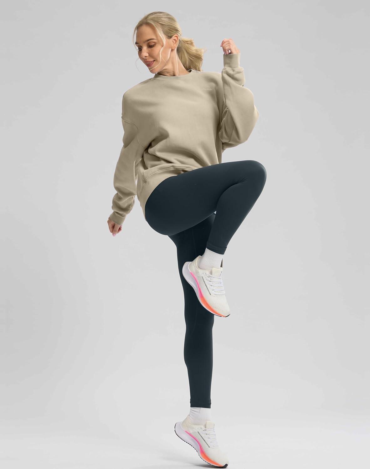 imageG Gradual Womens Crewneck Sweatshirts Oversized Cottonblend Fleece Pullover Sweatshirt for Women Loose FitLight Khaki