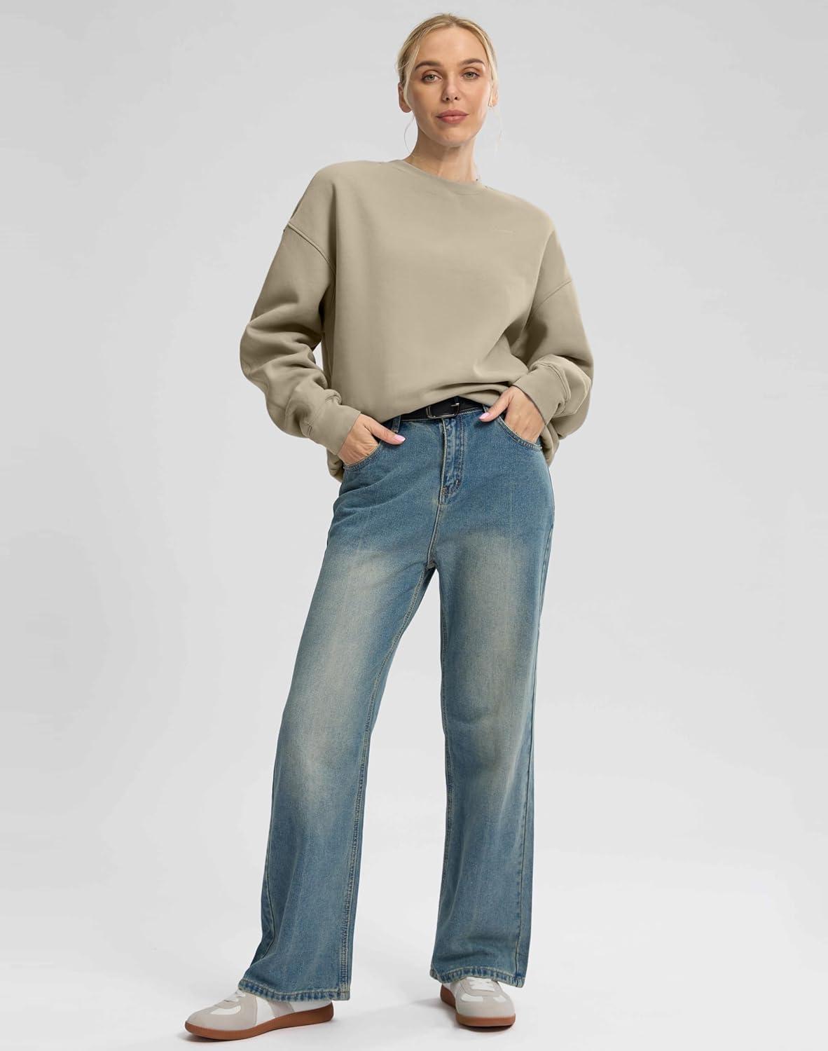 imageG Gradual Womens Crewneck Sweatshirts Oversized Cottonblend Fleece Pullover Sweatshirt for Women Loose FitLight Khaki