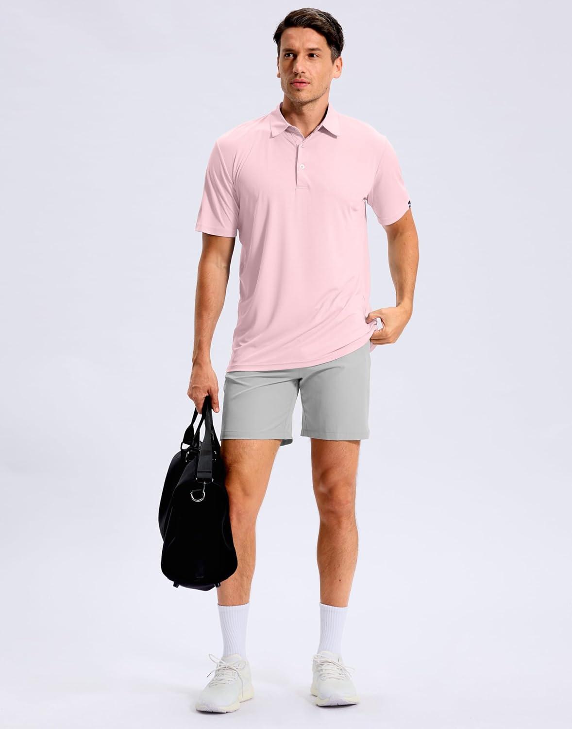 imageMens Golf Shirt Grid Lightweight Short Sleeve Dry Fit Moisture Wicking Performance Athletic Collared Polo Shirts for MenLight Pink