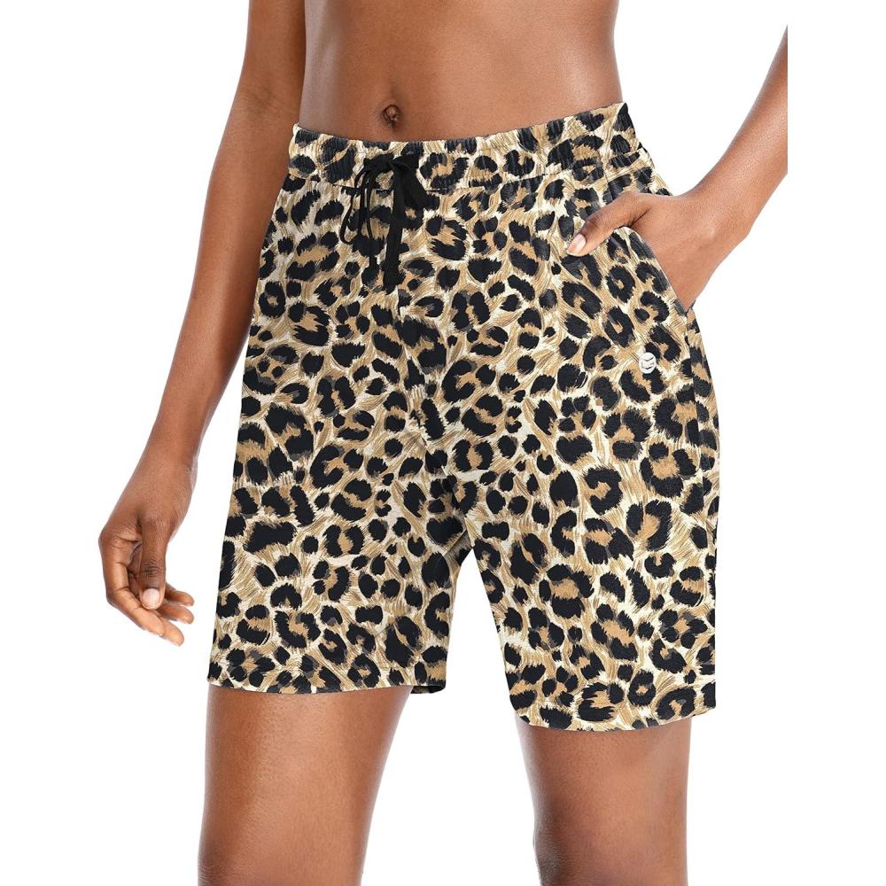imageG Gradual Womens 7 9 Shorts with Deep Pockets Elastic Waist Bermuda Jersey Long Shorts for Woman Lounge WalkingBrown Leopard