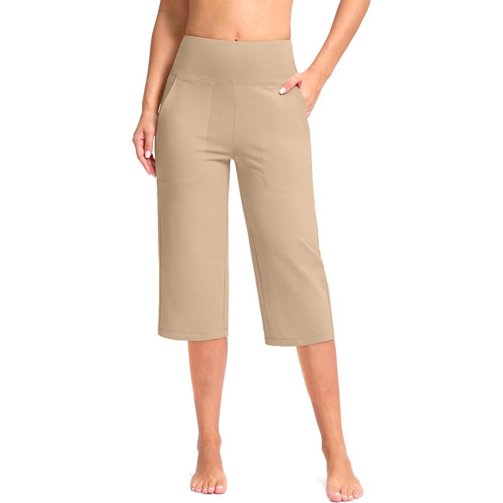 imageG Gradual Womens Capri Pants with Pockets High Waist Yoga Pants Wide Leg Workout Summer Pants for Casual Travel ExerciseKhaki