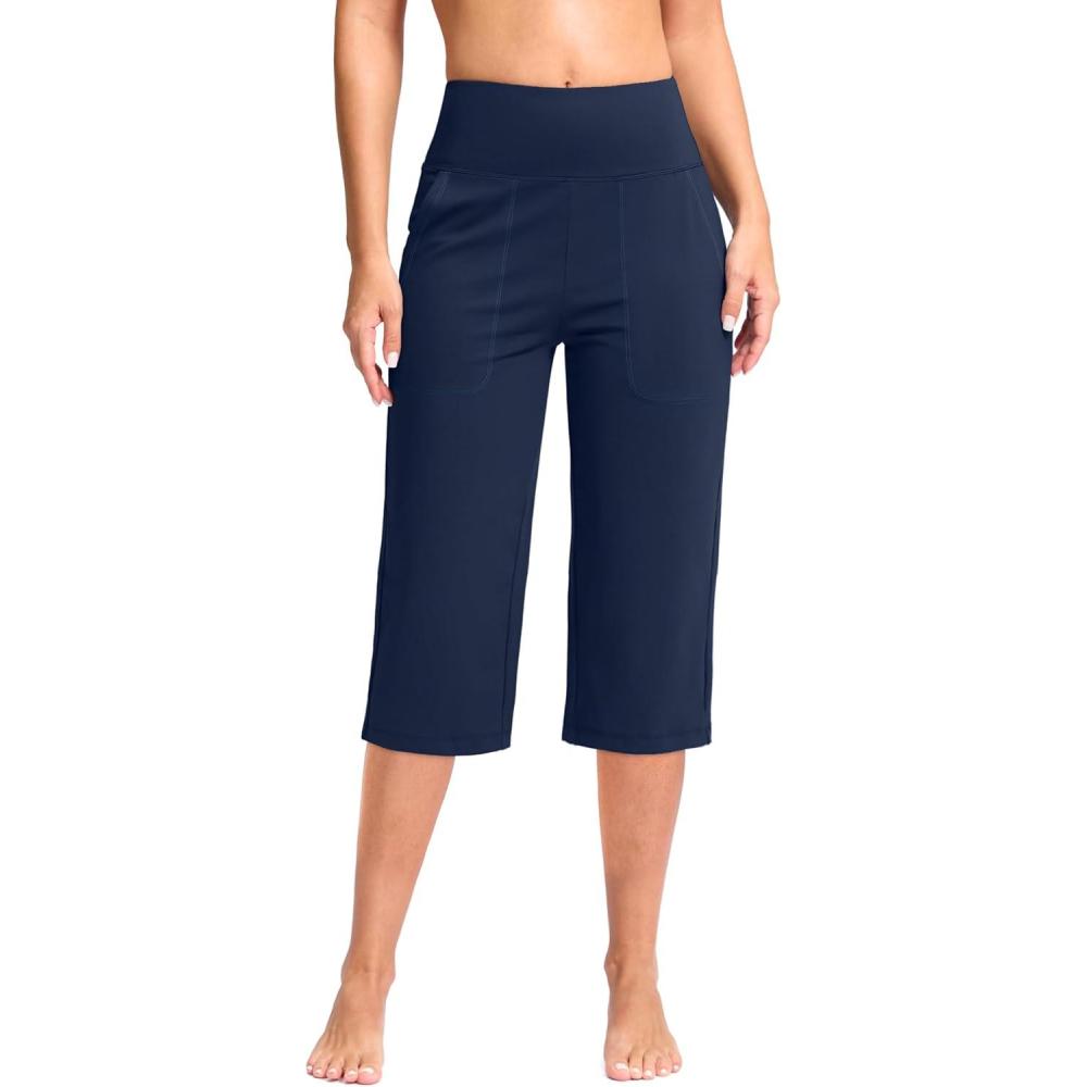 imageG Gradual Womens Capri Pants with Pockets High Waist Yoga Pants Wide Leg Workout Summer Pants for Casual Travel ExerciseNavy Blue