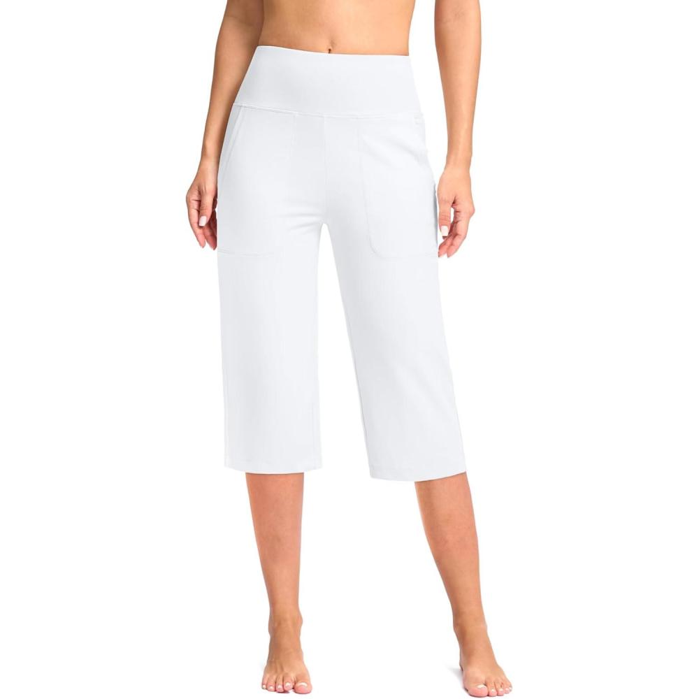 imageG Gradual Womens Capri Pants with Pockets High Waist Yoga Pants Wide Leg Workout Summer Pants for Casual Travel ExerciseWhite