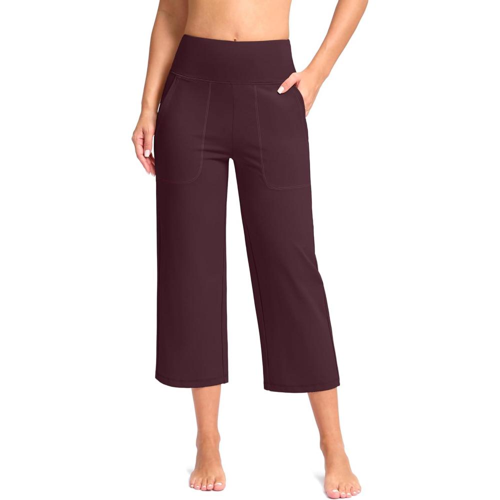 imageG Gradual Womens Capri Pants with Pockets High Waist Yoga Pants Wide Leg Workout Summer Pants for Casual Travel ExerciseWine