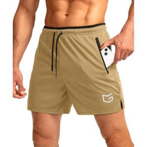 G Gradual Men’s Gym Workout Shorts Zipper Pockets 5″ / 7″ Quick Dry Breathable Runing Athletic Short for Men(Khaki)