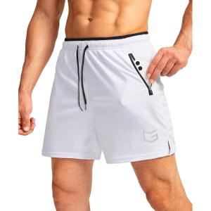 G Gradual Men’s Gym Workout Shorts Zipper Pockets 5″ / 7″ Quick Dry Breathable Runing Athletic Short for Men(White)