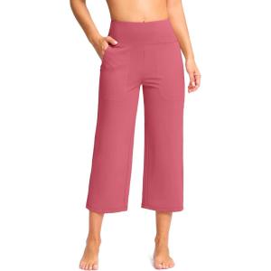 G Gradual Women’s Capri Pants with Pockets High Waist Yoga Pants Wide Leg Workout Summer Pants for Casual, Travel, Exercise(Berry Rose)