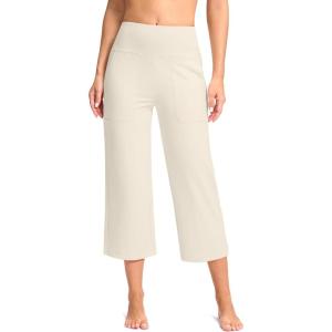 G Gradual Women’s Capri Pants with Pockets High Waist Yoga Pants Wide Leg Workout Summer Pants for Casual, Travel, Exercise(Creamy)