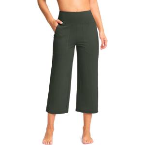 G Gradual Women’s Capri Pants with Pockets High Waist Yoga Pants Wide Leg Workout Summer Pants for Casual, Travel, Exercise(Dark Green)