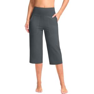 G Gradual Women’s Capri Pants with Pockets High Waist Yoga Pants Wide Leg Workout Summer Pants for Casual, Travel, Exercise(Dark Grey)