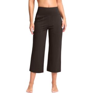 G Gradual Women’s Capri Pants with Pockets High Waist Yoga Pants Wide Leg Workout Summer Pants for Casual, Travel, Exercise(Fudge Coffee)