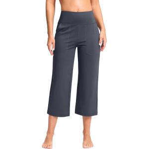 G Gradual Women’s Capri Pants with Pockets High Waist Yoga Pants Wide Leg Workout Summer Pants for Casual, Travel, Exercise(Grey Blue)