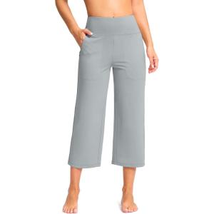 G Gradual Women’s Capri Pants with Pockets High Waist Yoga Pants Wide Leg Workout Summer Pants for Casual, Travel, Exercise(Light Grey)