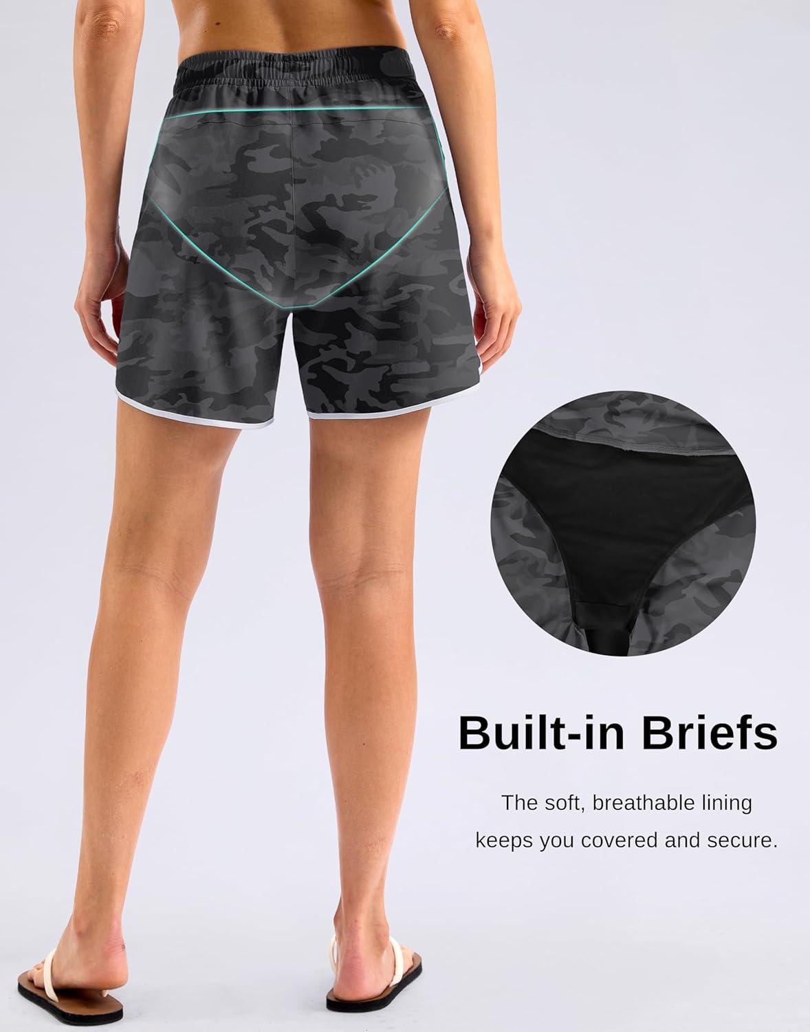 imageG Gradual Womens 5 Swim Shorts Zipper Pockets Quick Dry Board Shorts Bathing Suit Bottom with Liner Running Athletic ShortsBlack Camo