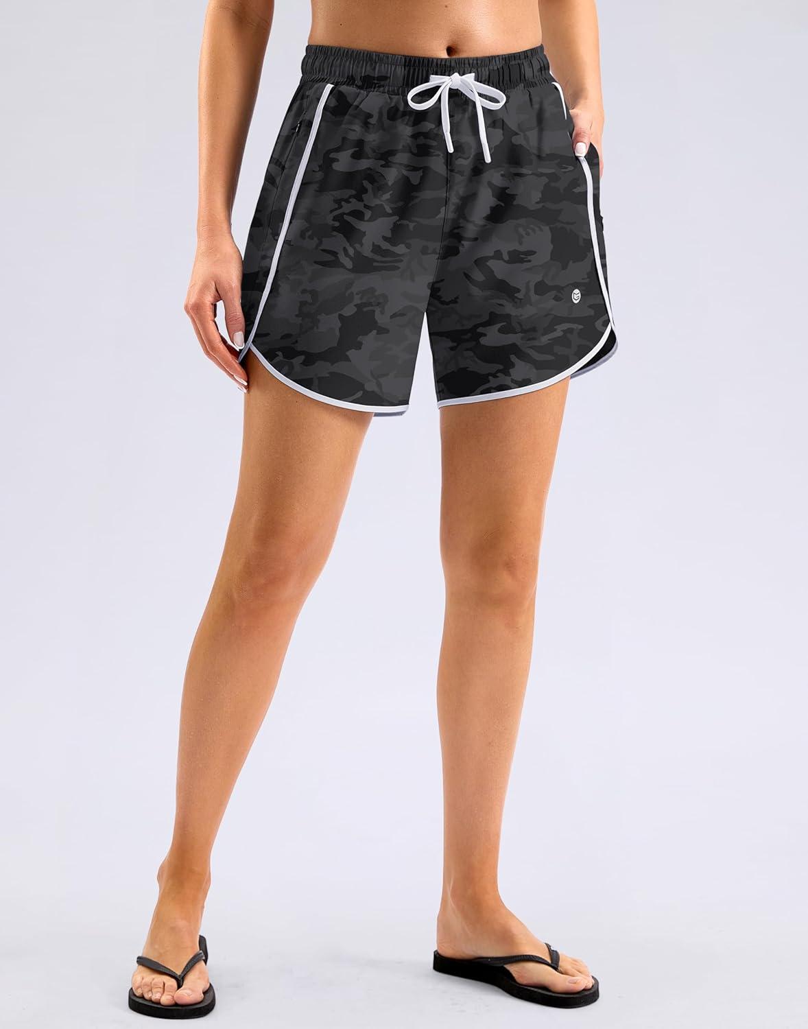 imageG Gradual Womens 5 Swim Shorts Zipper Pockets Quick Dry Board Shorts Bathing Suit Bottom with Liner Running Athletic ShortsBlack Camo