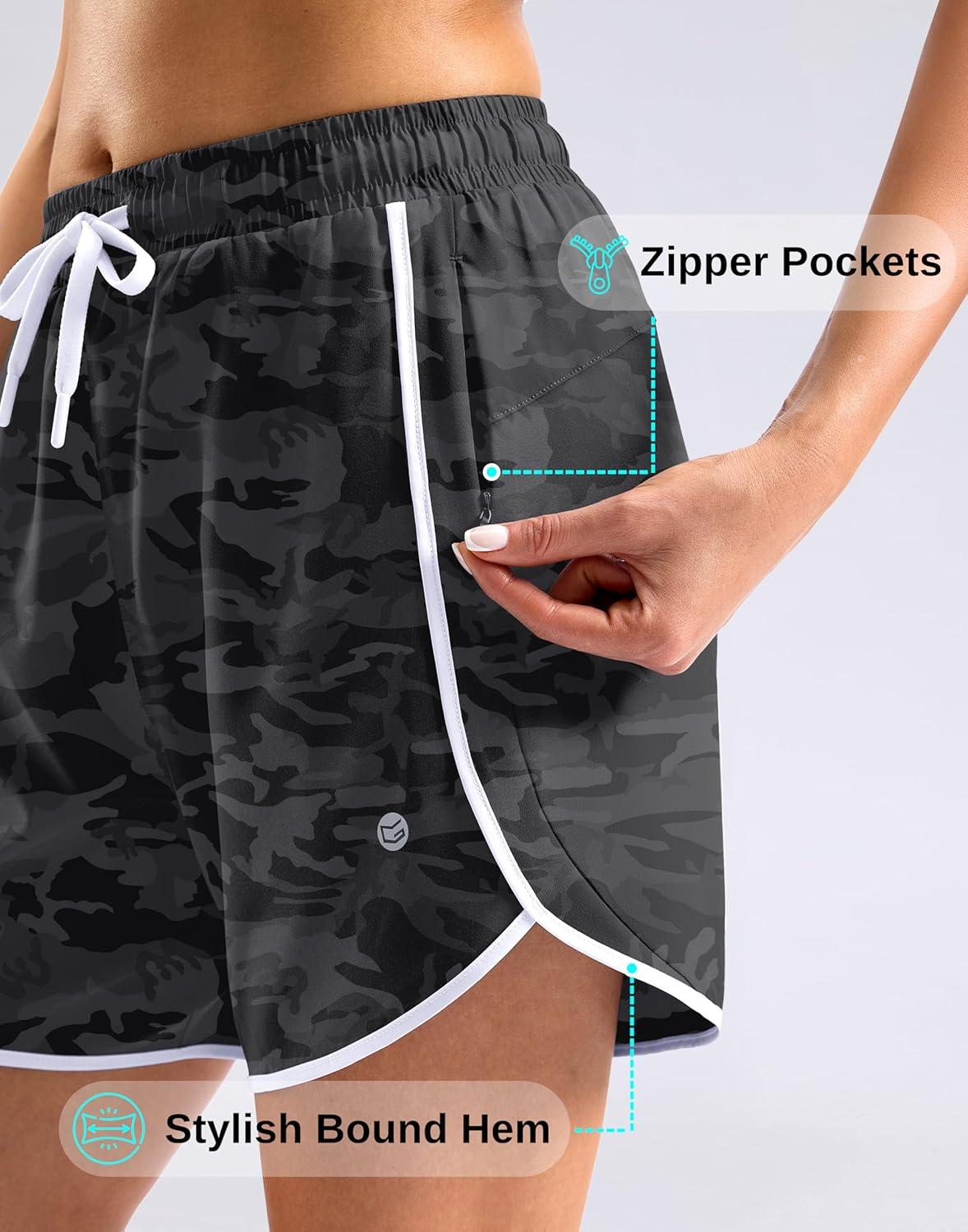 imageG Gradual Womens 5 Swim Shorts Zipper Pockets Quick Dry Board Shorts Bathing Suit Bottom with Liner Running Athletic ShortsBlack Camo