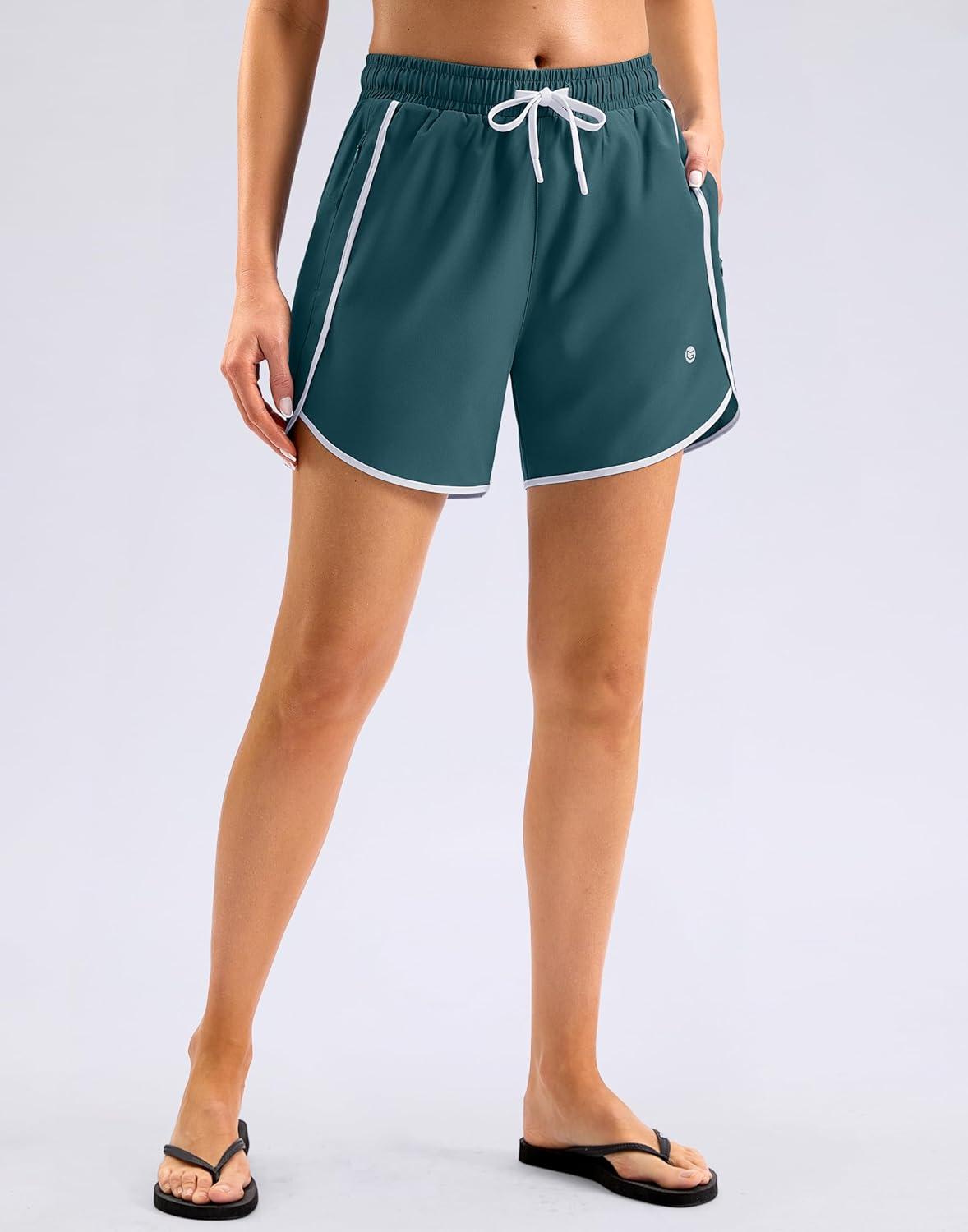 imageG Gradual Womens 5 Swim Shorts Zipper Pockets Quick Dry Board Shorts Bathing Suit Bottom with Liner Running Athletic ShortsDeep Green