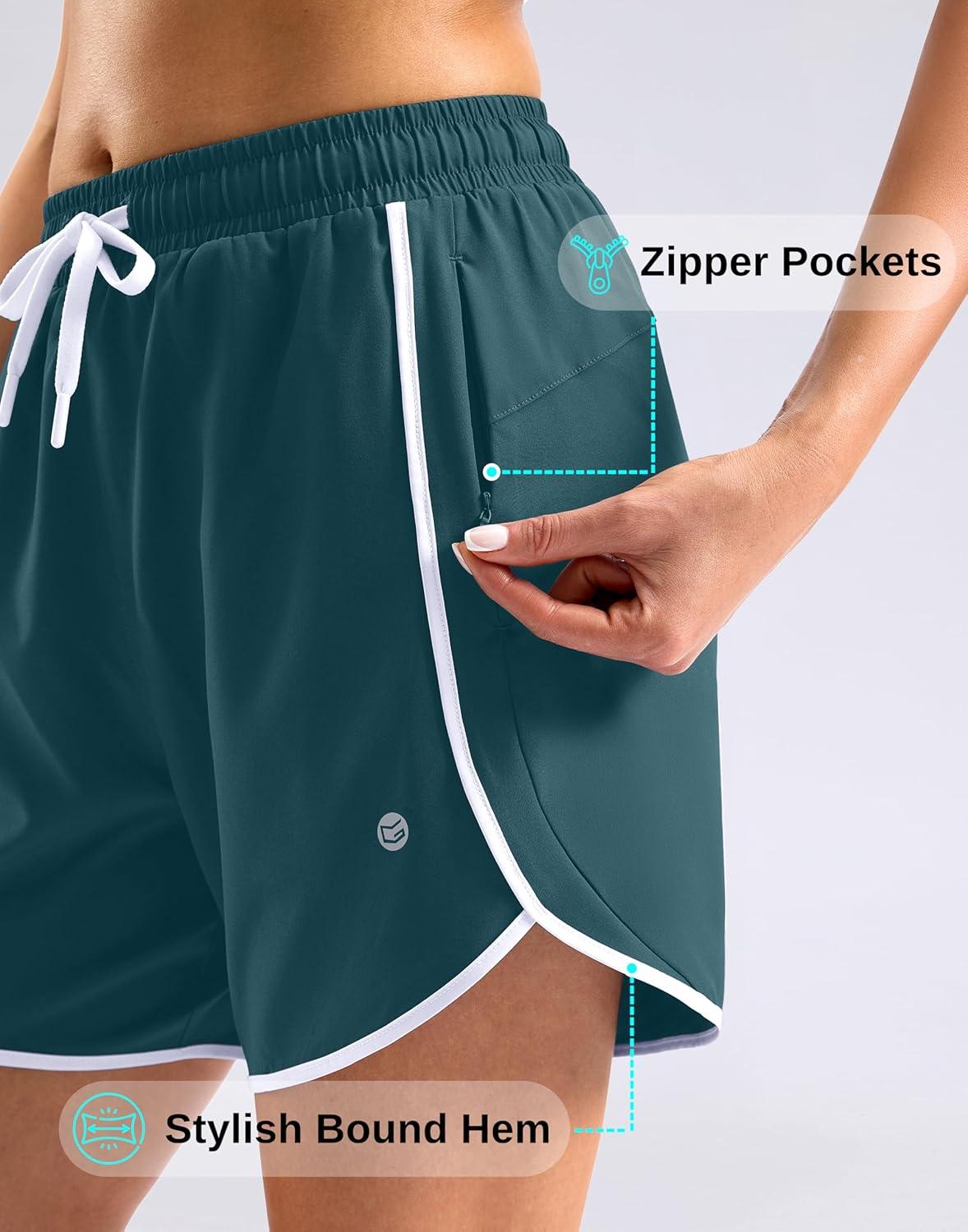 imageG Gradual Womens 5 Swim Shorts Zipper Pockets Quick Dry Board Shorts Bathing Suit Bottom with Liner Running Athletic ShortsDeep Green